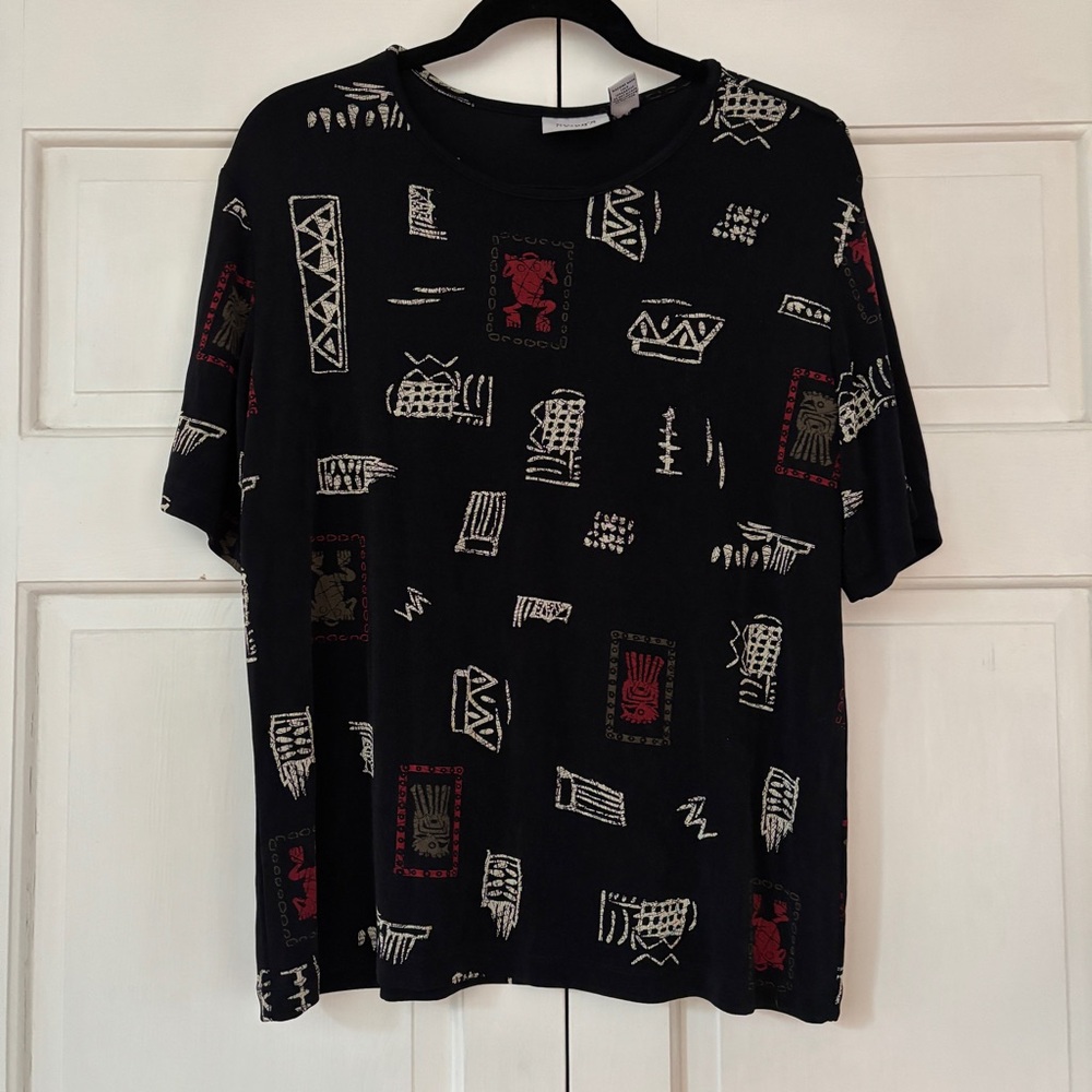 Chico's Travelers Size 3 Black Red Asian Patterned Short‎ Sleeve Tee Chicos XL